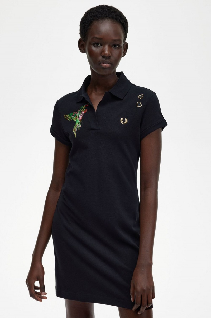 Fred Perry Embroidered Piqué Women's Dress Black | SJZMY1659