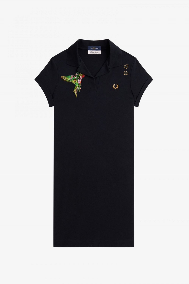 Fred Perry Embroidered Piqué Women's Dress Black | SJZMY1659