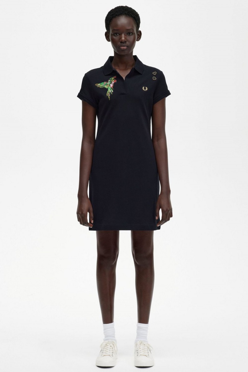 Fred Perry Embroidered Piqué Women\'s Dress Black | SJZMY1659