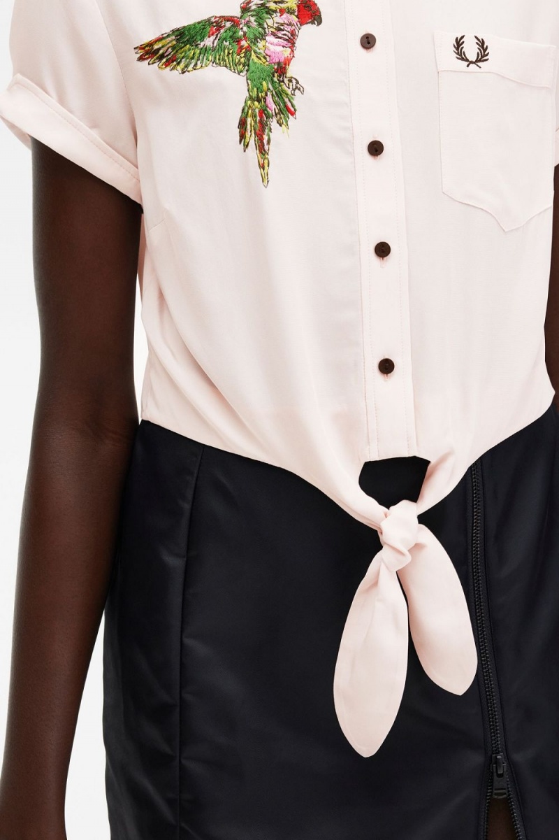 Fred Perry Embroidered Tie-Front Women's Shirt Milky Pink | USDXJ5298