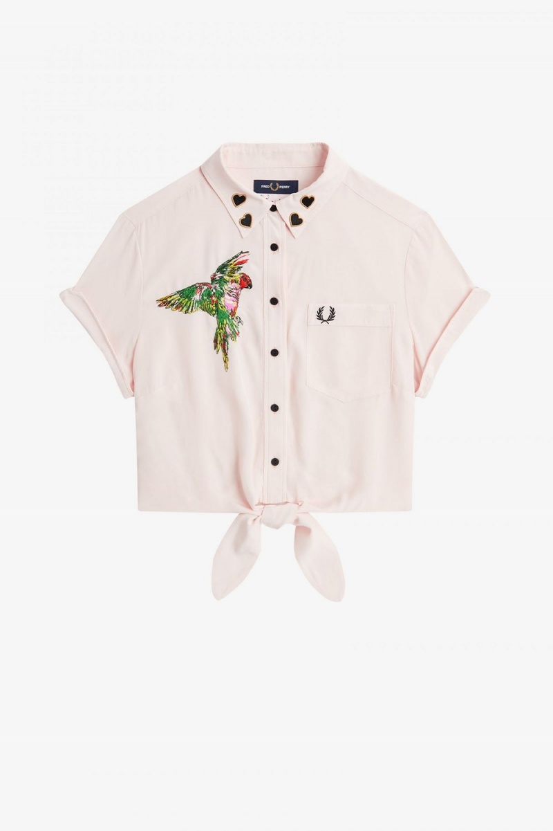 Fred Perry Embroidered Tie-Front Women's Shirt Milky Pink | USDXJ5298