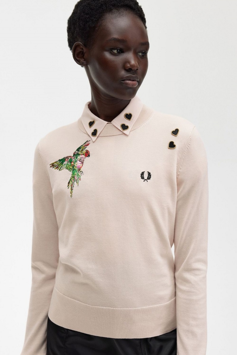 Fred Perry Embroidered Women's Jumper Milky Pink | EQFJM4193