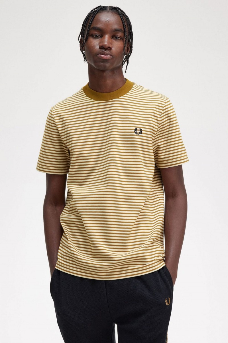 Fred Perry Fine Stripe Heavyweight Men's T-Shirt Oatmeal Dark Coffee | WUBJN5046