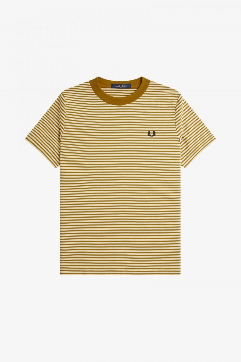 Fred Perry Fine Stripe Heavyweight Men's T-Shirt Oatmeal Dark Coffee | WUBJN5046