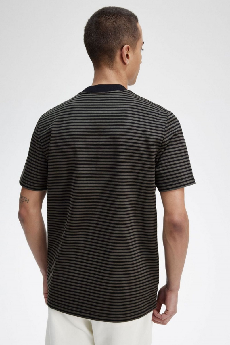 Fred Perry Fine Stripe Heavyweight Men's T-Shirt Black Field Green | TZKBD8395