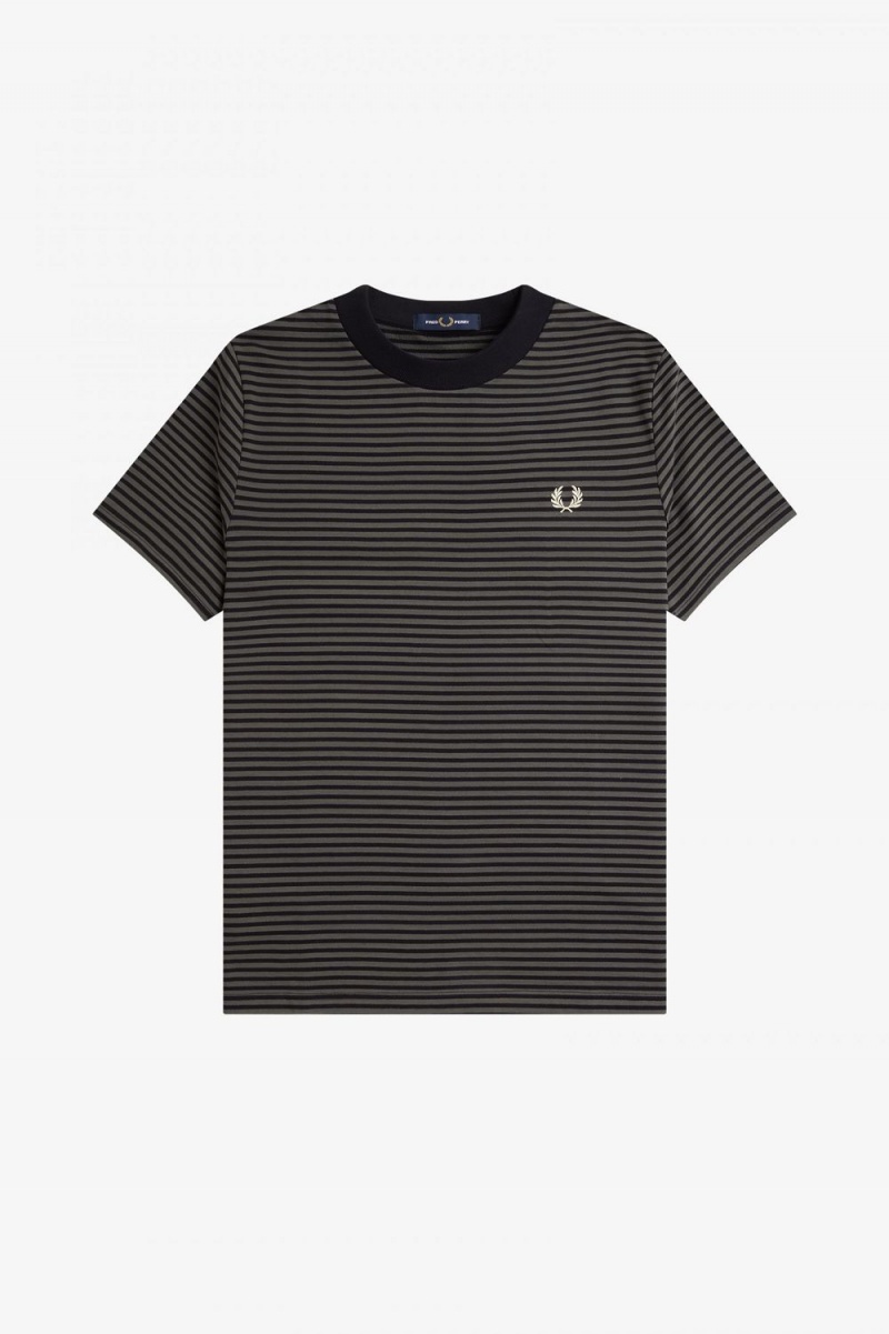 Fred Perry Fine Stripe Heavyweight Men's T-Shirt Black Field Green | TZKBD8395