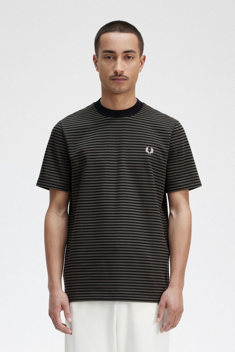 Fred Perry Fine Stripe Heavyweight Men\'s T-Shirt Black Field Green | TZKBD8395