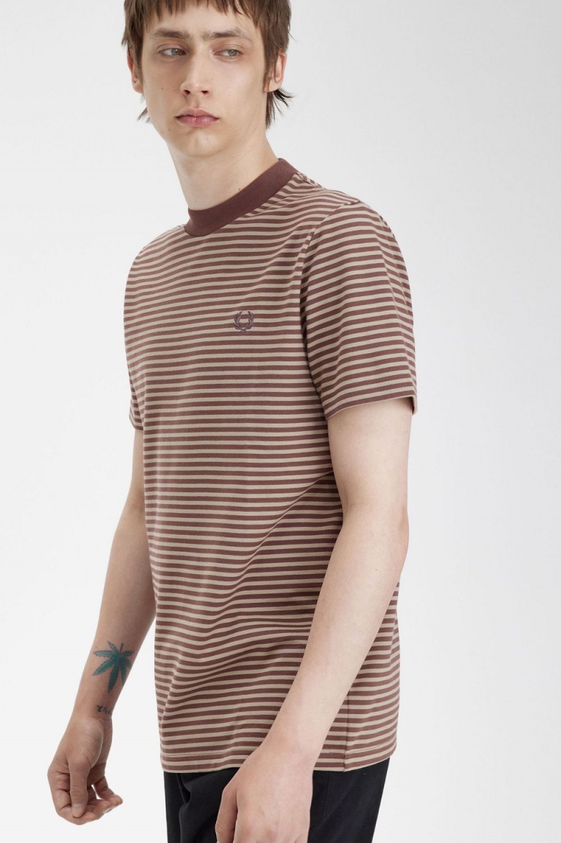 Fred Perry Fine Stripe Heavyweight Men's T-Shirt Dark Red Warm Grey | WLMOX2489