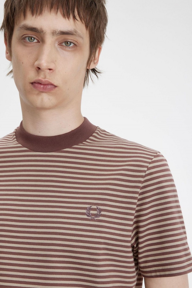 Fred Perry Fine Stripe Heavyweight Men's T-Shirt Dark Red Warm Grey | WLMOX2489