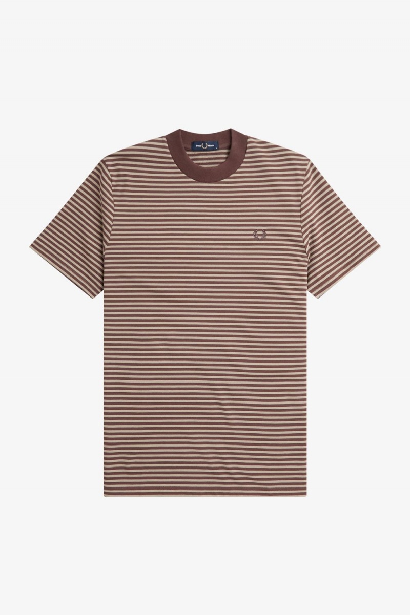 Fred Perry Fine Stripe Heavyweight Men's T-Shirt Dark Red Warm Grey | WLMOX2489