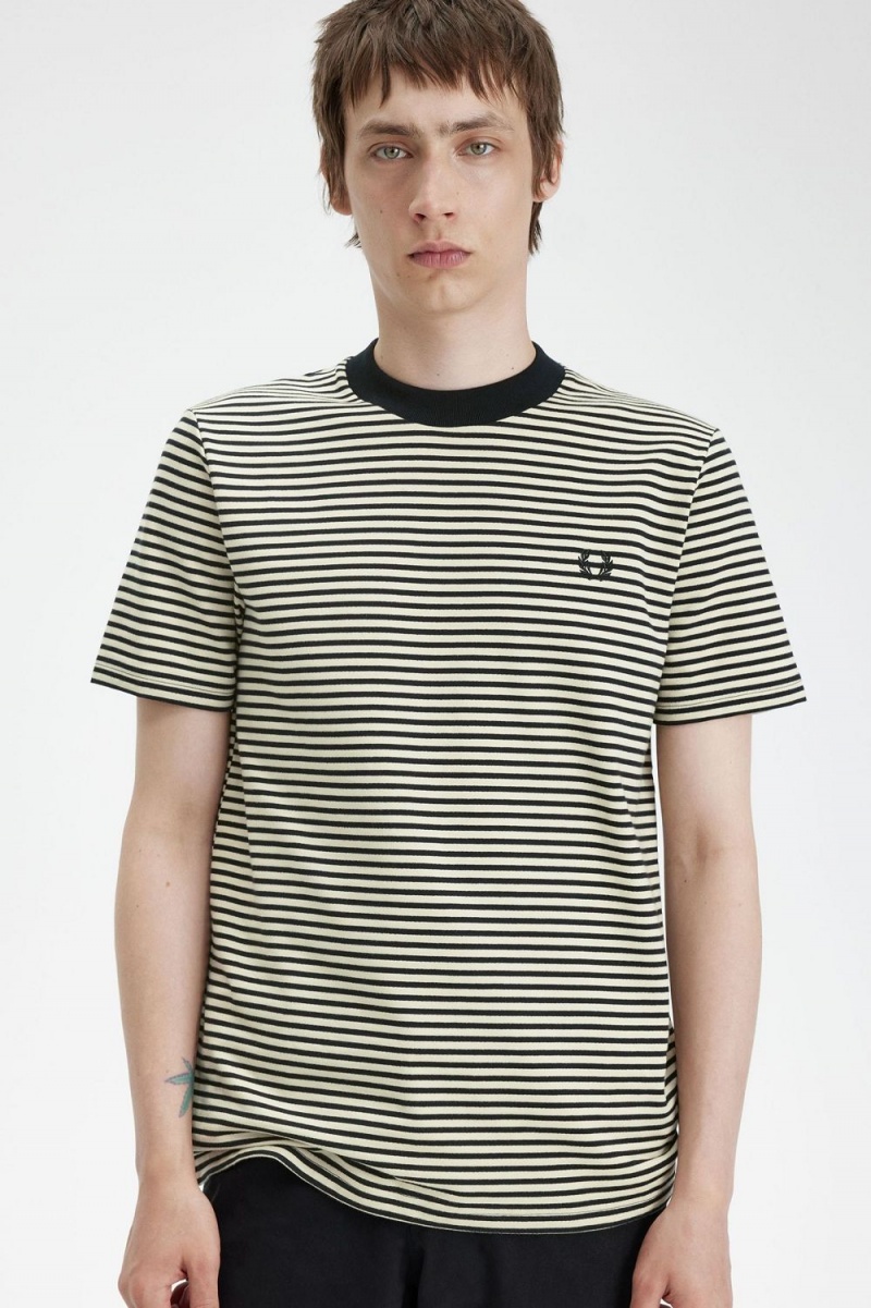 Fred Perry Fine Stripe Heavyweight Men's T-Shirt Oatmeal Black | HAGUW4218