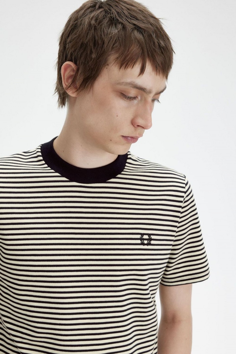 Fred Perry Fine Stripe Heavyweight Men's T-Shirt Oatmeal Black | HAGUW4218