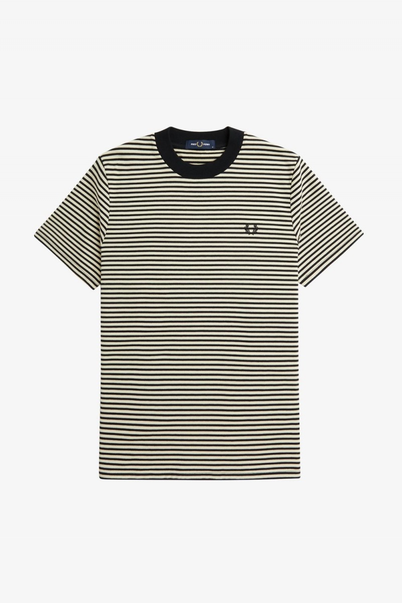 Fred Perry Fine Stripe Heavyweight Men's T-Shirt Oatmeal Black | HAGUW4218