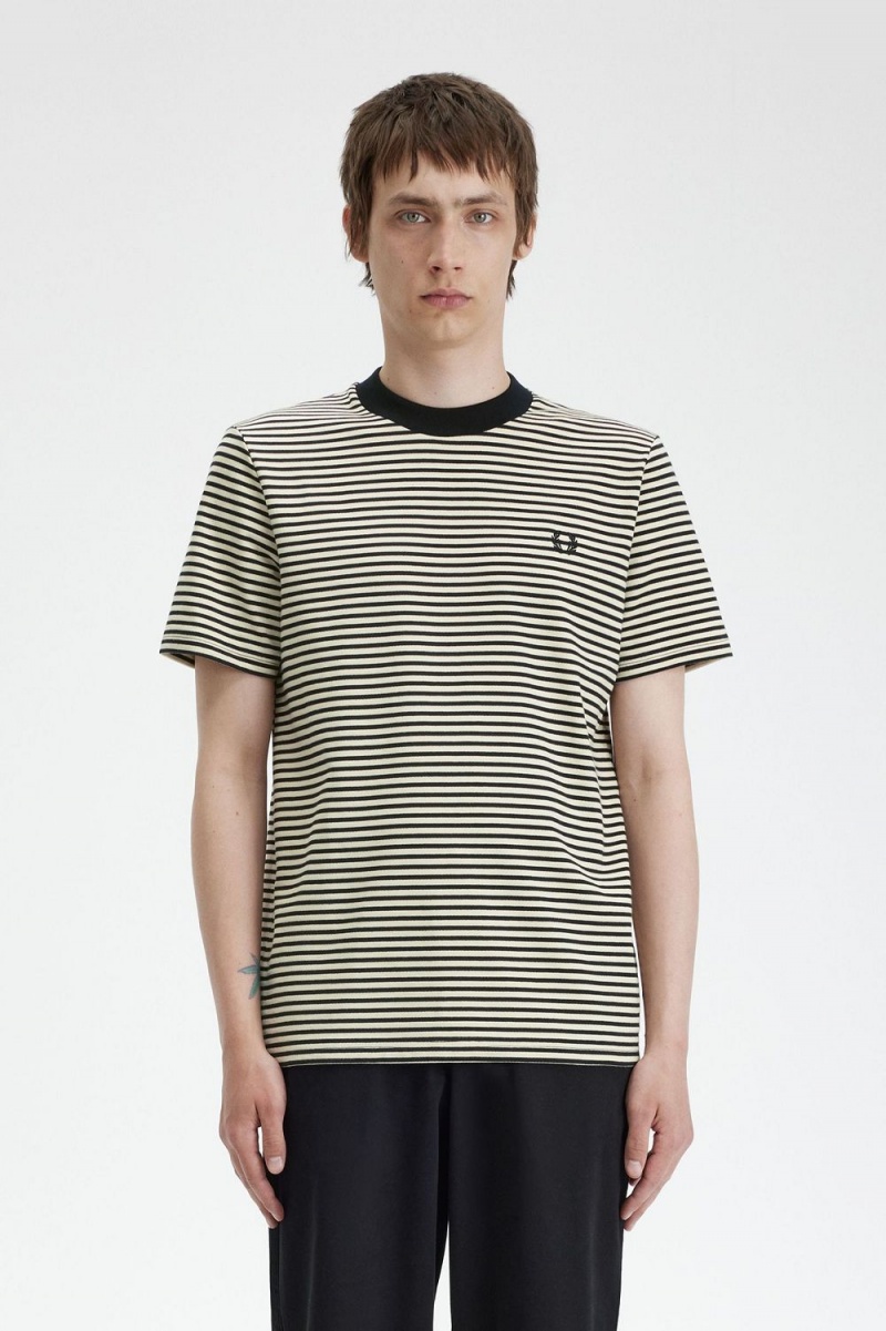 Fred Perry Fine Stripe Heavyweight Men\'s T-Shirt Oatmeal Black | HAGUW4218