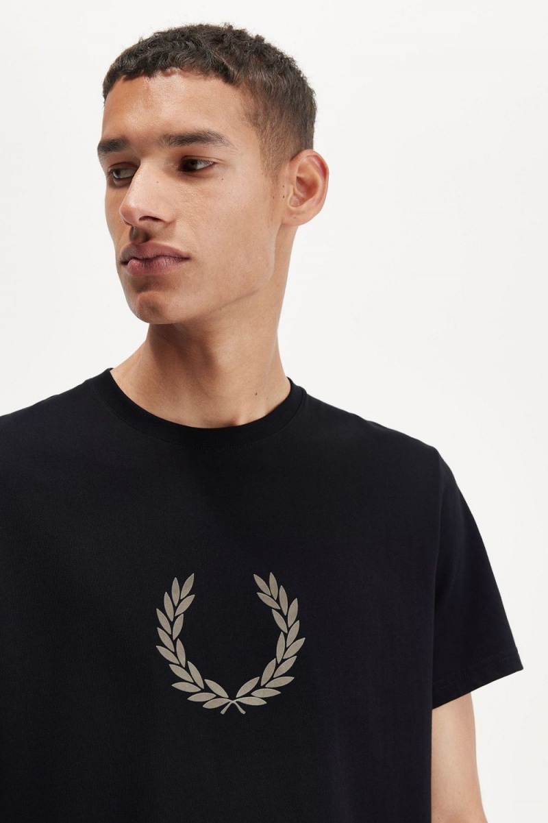 Fred Perry Flocked Laurel Wreath Men's T-Shirt Black Warm Grey | GFPHV8769