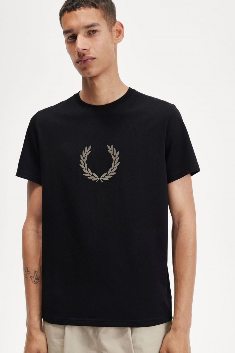 Fred Perry Flocked Laurel Wreath Men's T-Shirt Black Warm Grey | GFPHV8769