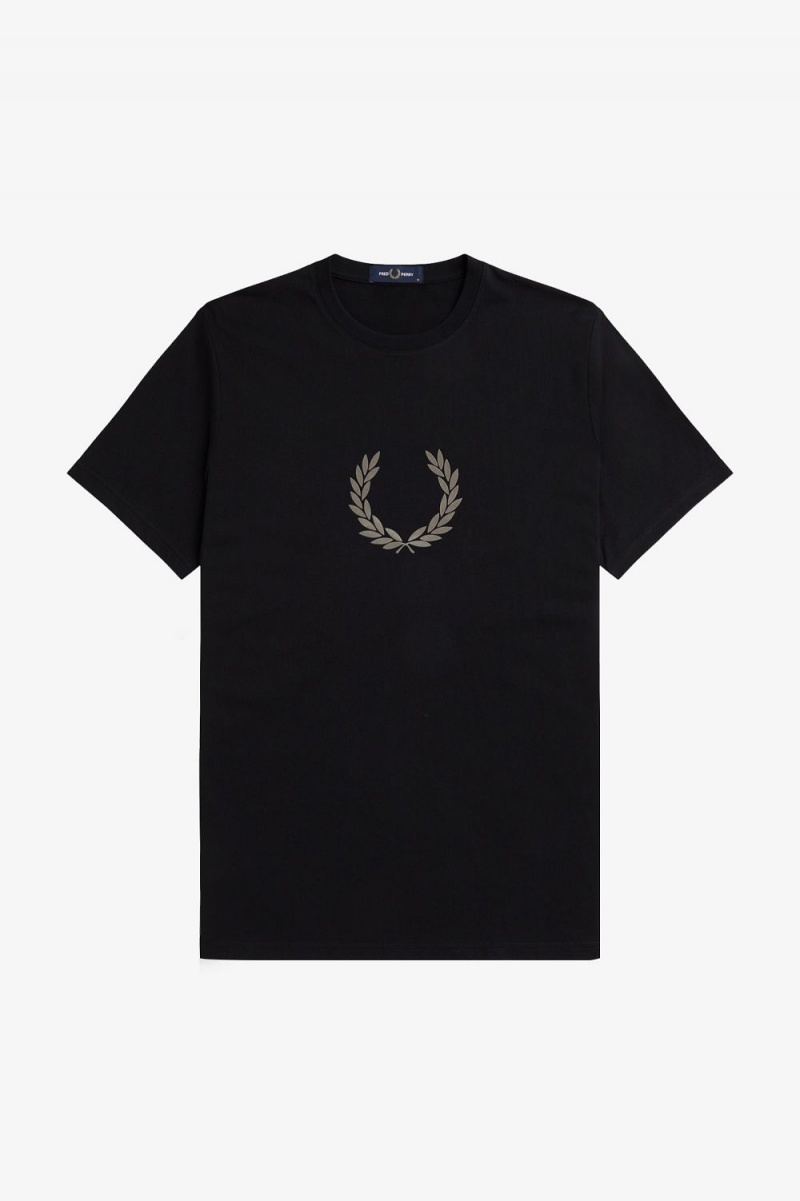 Fred Perry Flocked Laurel Wreath Men's T-Shirt Black Warm Grey | GFPHV8769