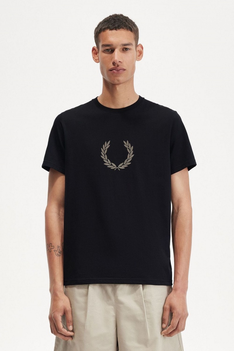 Fred Perry Flocked Laurel Wreath Men\'s T-Shirt Black Warm Grey | GFPHV8769