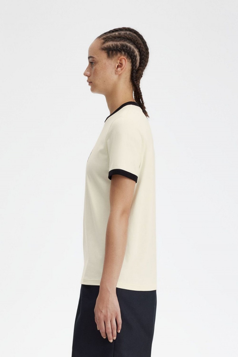 Fred Perry Flocked Laurel Wreath Women's T-Shirt Beige | JQPES0943