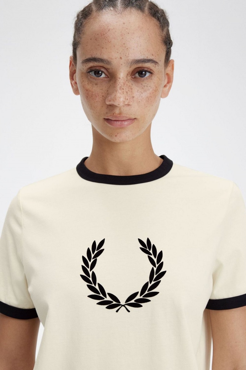 Fred Perry Flocked Laurel Wreath Women's T-Shirt Beige | JQPES0943