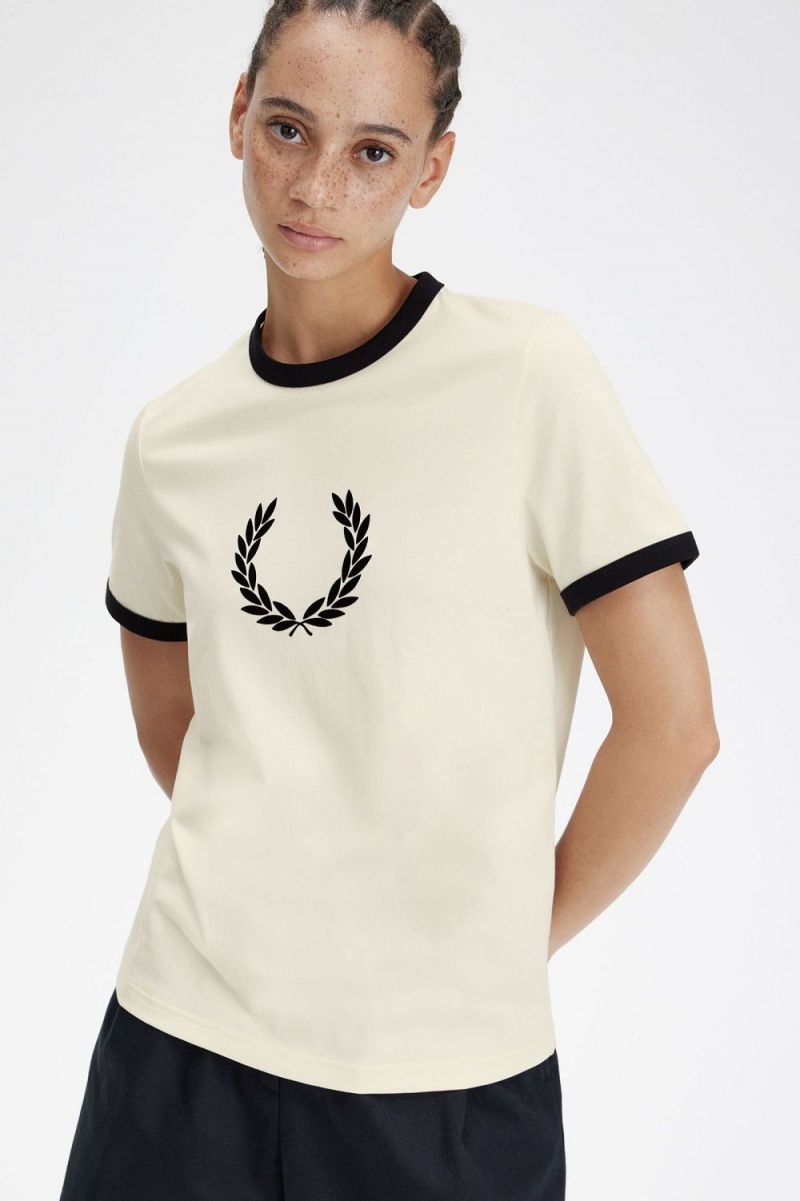 Fred Perry Flocked Laurel Wreath Women's T-Shirt Beige | JQPES0943