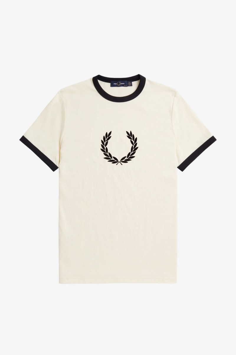 Fred Perry Flocked Laurel Wreath Women's T-Shirt Beige | JQPES0943