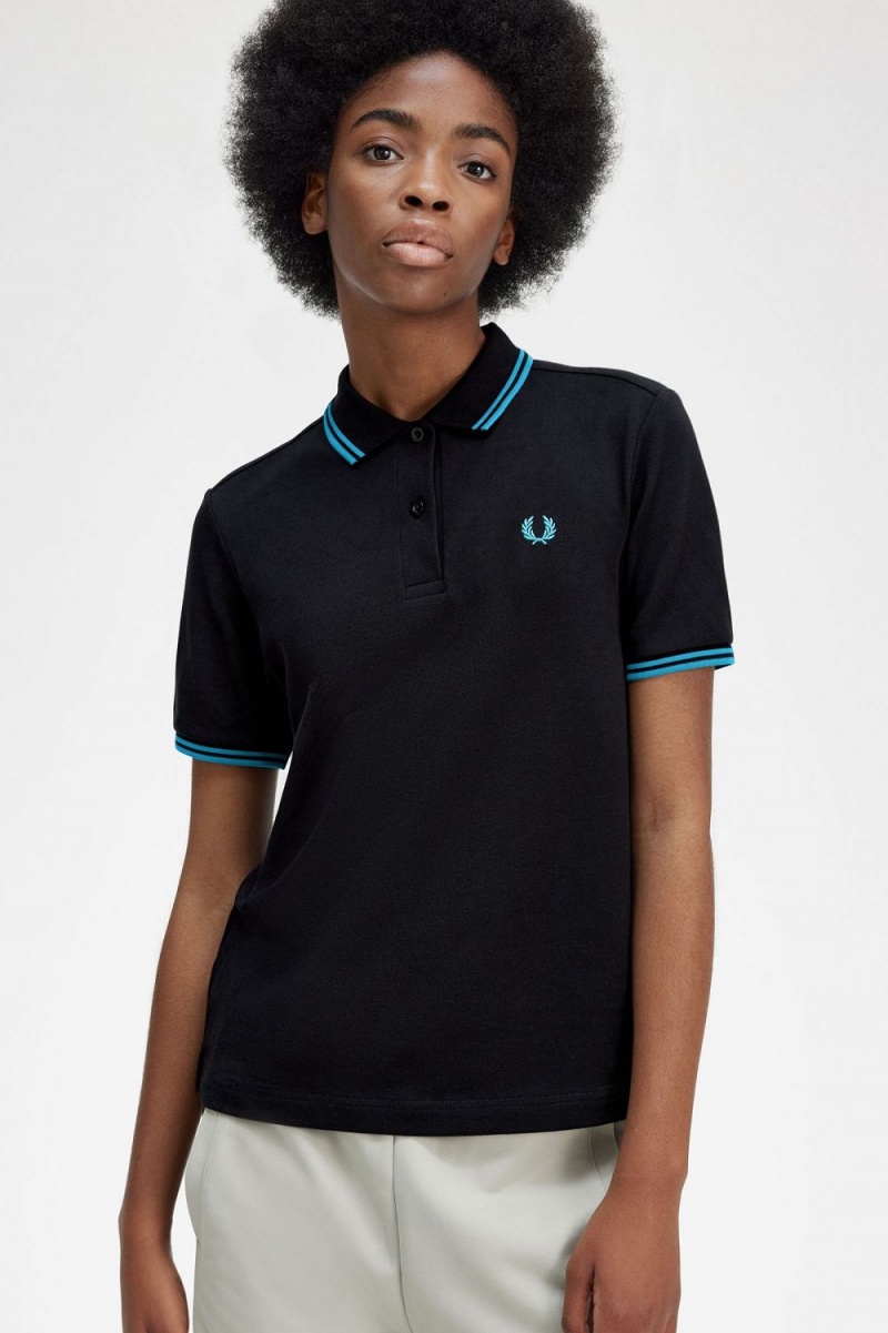 Fred Perry G3600 Women's Shirt Black Cyber Blue Cyber Blue | HRPEO4650