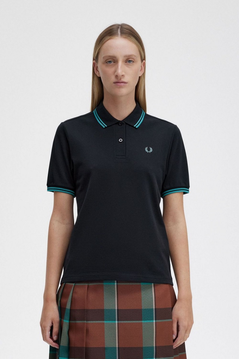 Fred Perry G3600 Women\'s Shirt Black Deep Mint Deep Mint | LETRY3750