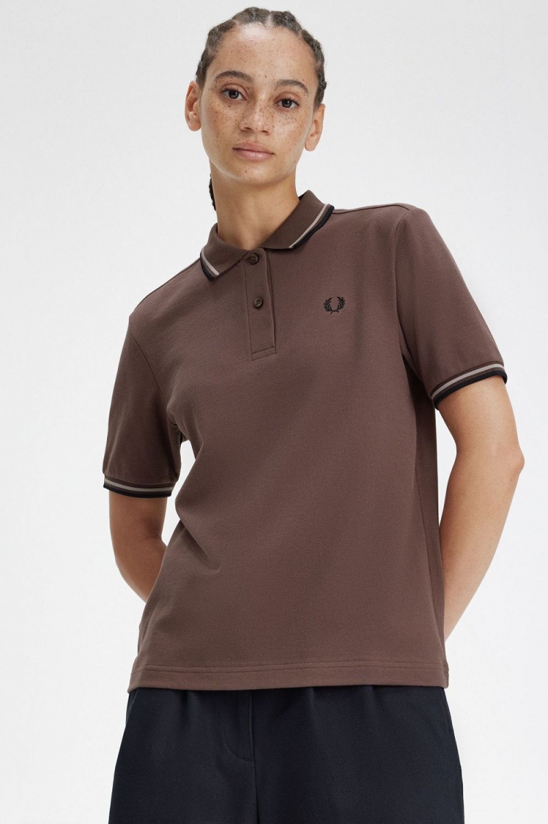 Fred Perry G3600 Women's Shirt Dark Red Warm Grey Black | DEBGF9268