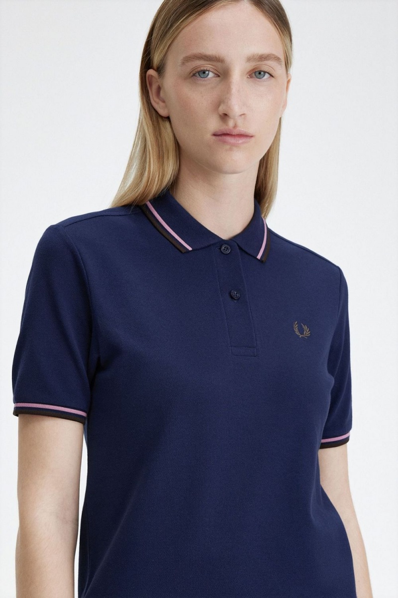 Fred Perry G3600 Women's Shirt French Navy Dusty Rose Pink Dark Red | YAVCO9752