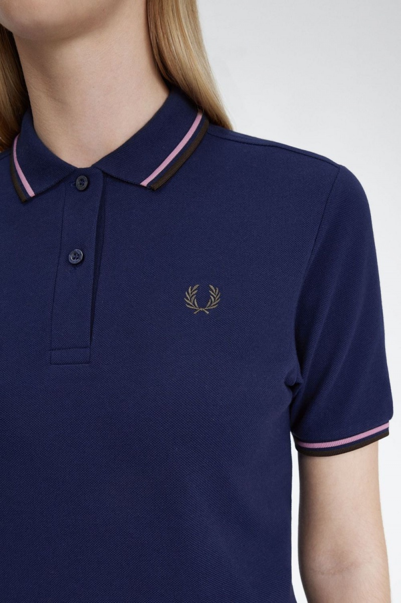 Fred Perry G3600 Women's Shirt French Navy Dusty Rose Pink Dark Red | YAVCO9752