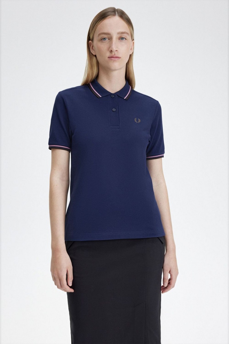 Fred Perry G3600 Women's Shirt French Navy Dusty Rose Pink Dark Red | YAVCO9752