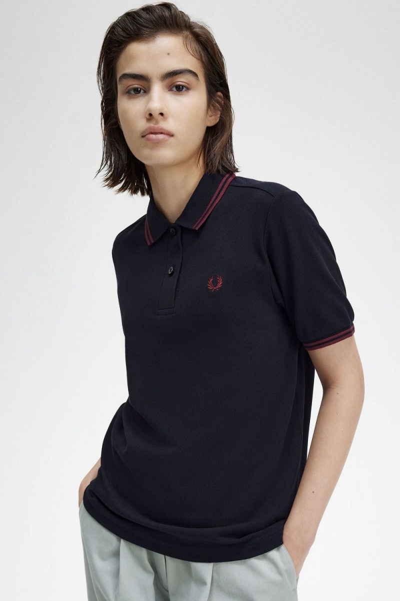 Fred Perry G3600 Women's Shirt Navy Oxblood Oxblood | IQGMO4268