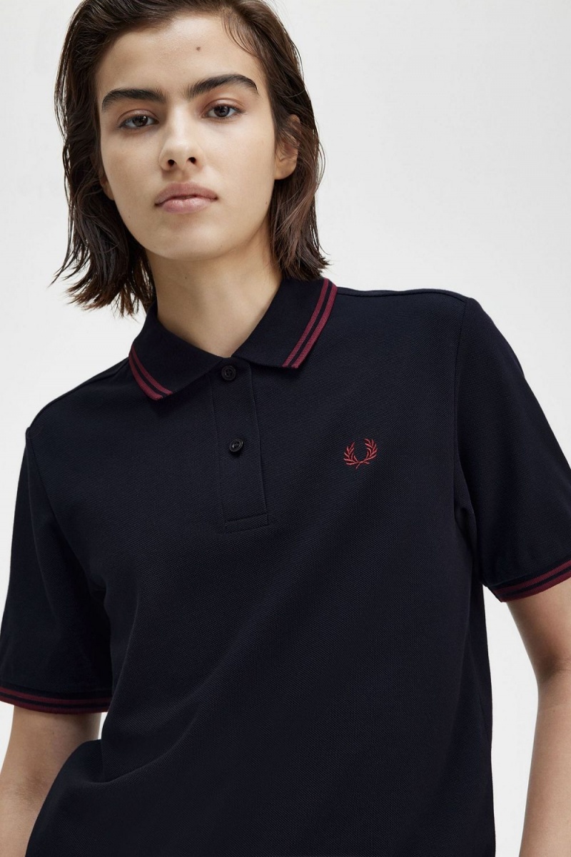 Fred Perry G3600 Women's Shirt Navy Oxblood Oxblood | IQGMO4268