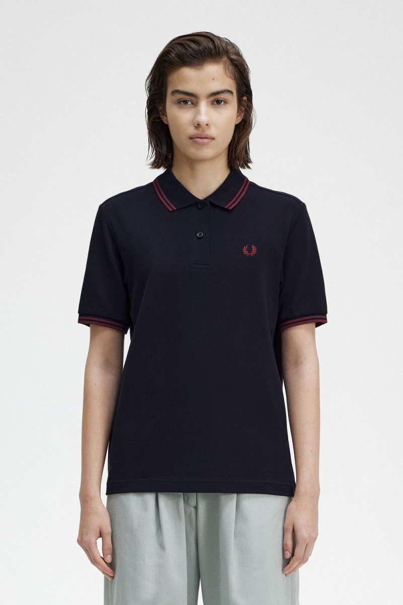 Fred Perry G3600 Women\'s Shirt Navy Oxblood Oxblood | IQGMO4268