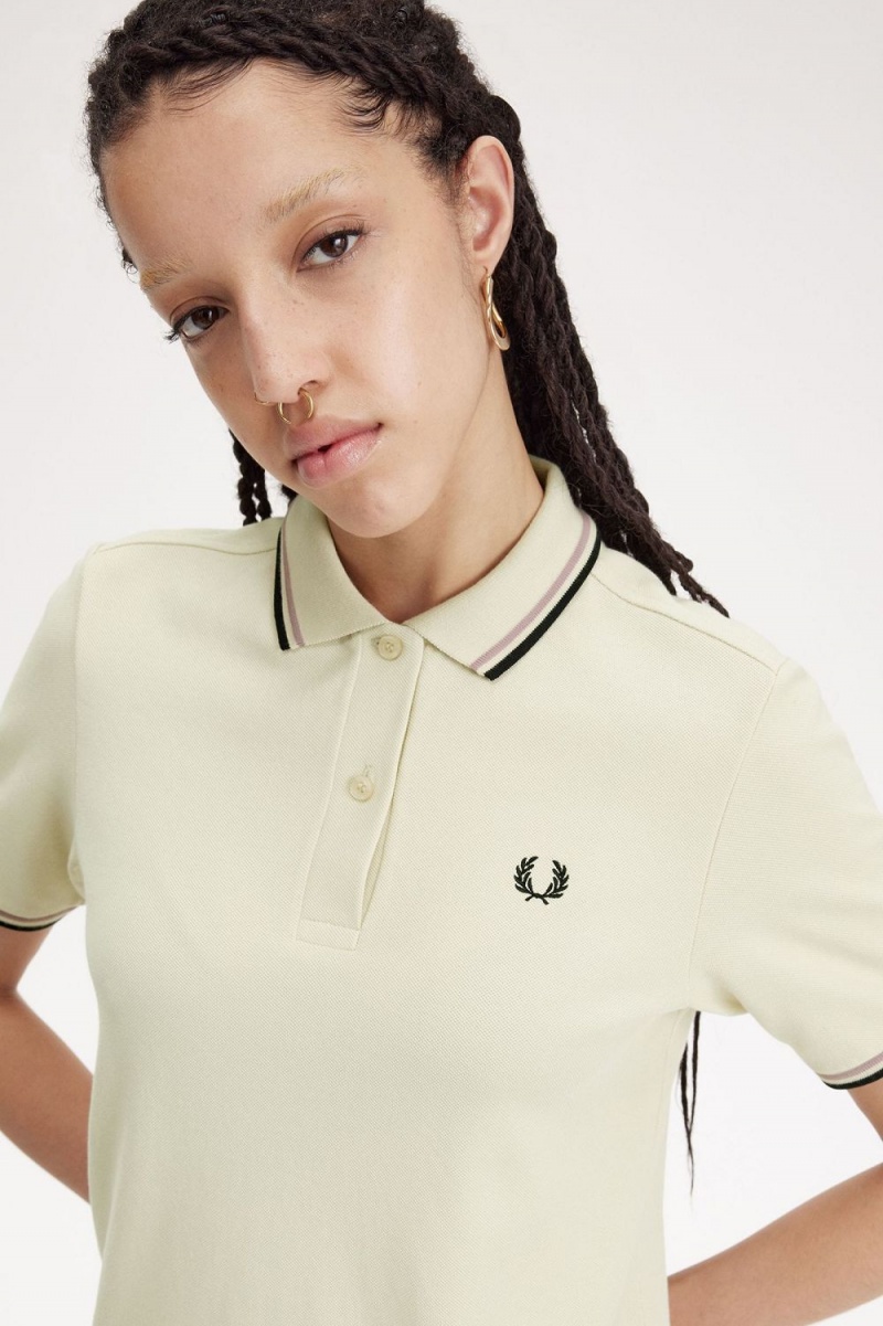 Fred Perry G3600 Women's Shirt Oatmeal Dark Pink Black | NFUBS7143