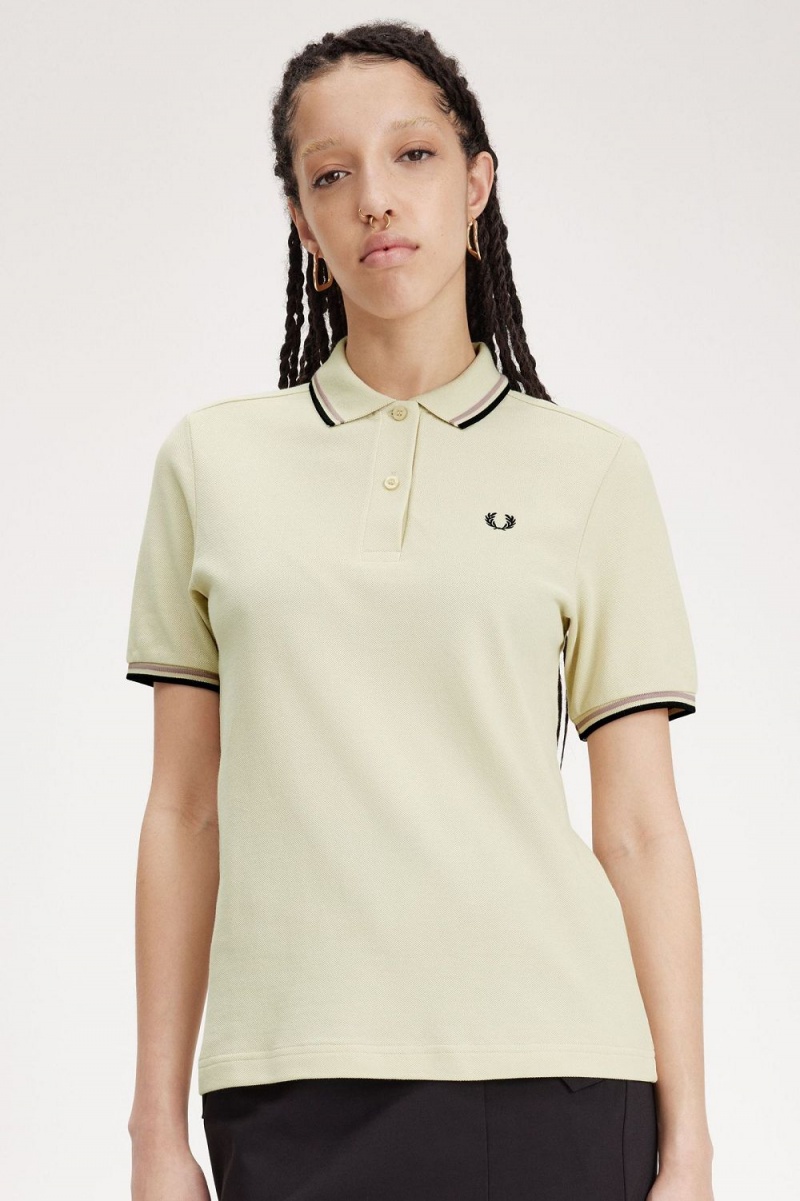 Fred Perry G3600 Women's Shirt Oatmeal Dark Pink Black | NFUBS7143