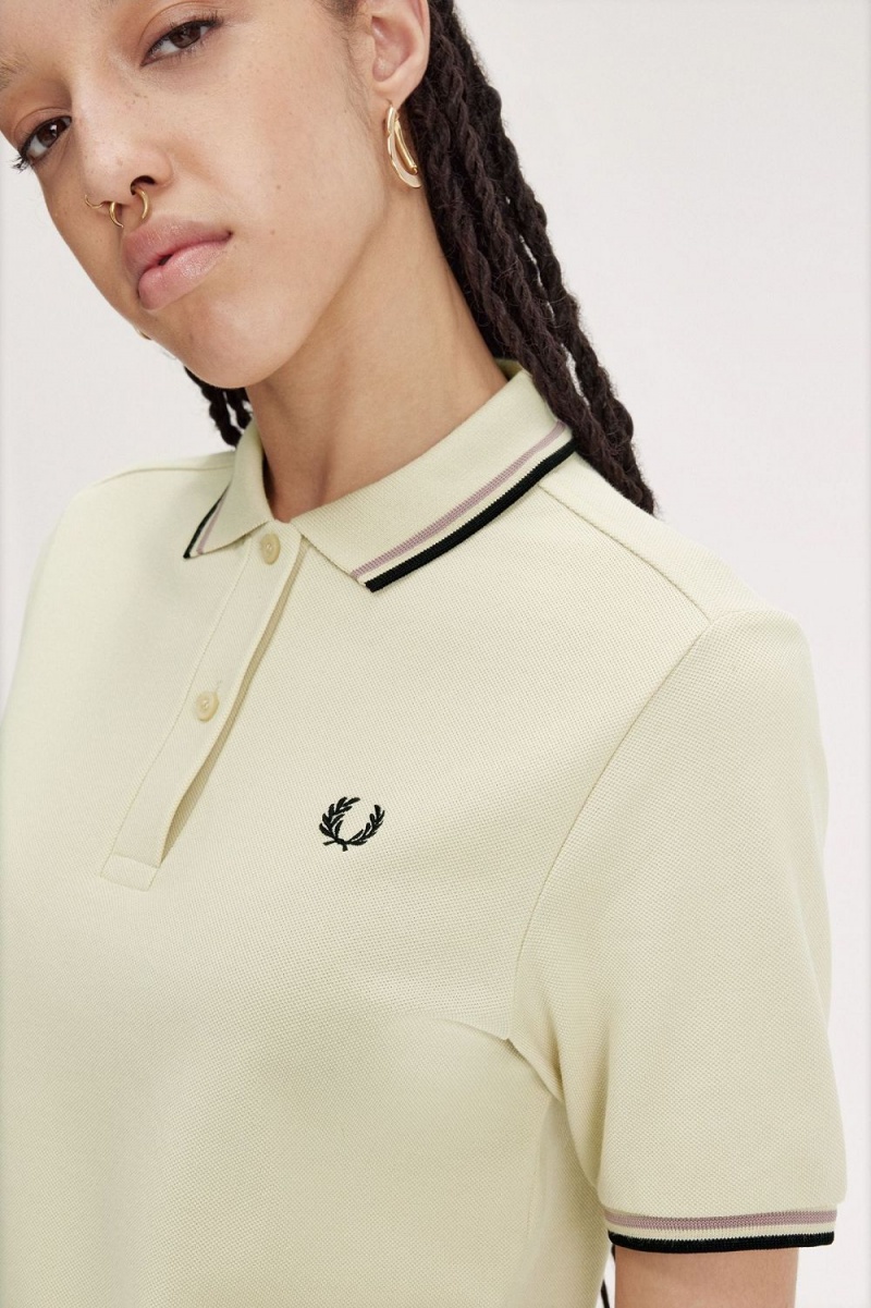 Fred Perry G3600 Women's Shirt Oatmeal Dark Pink Black | NFUBS7143