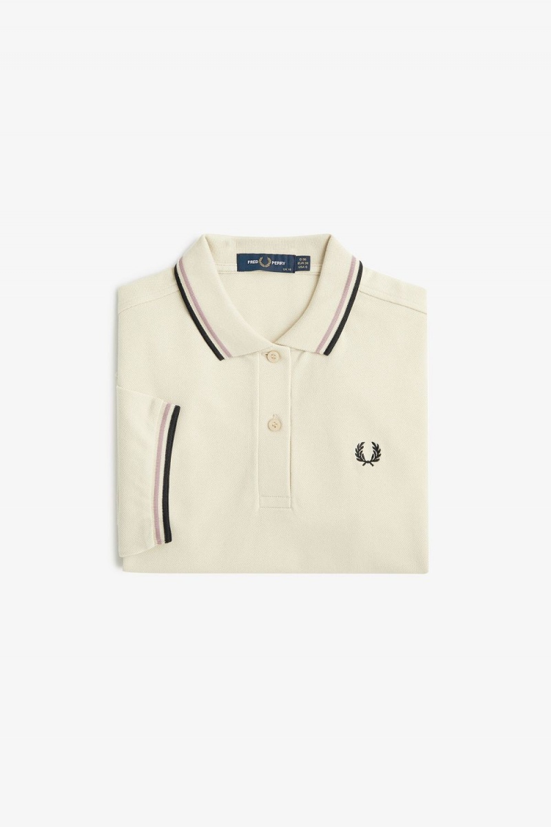 Fred Perry G3600 Women's Shirt Oatmeal Dark Pink Black | NFUBS7143