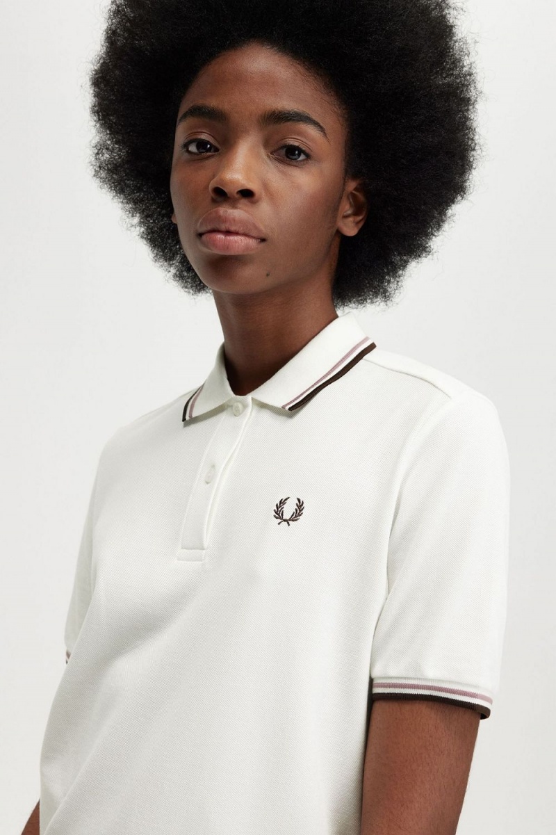 Fred Perry G3600 Women's Shirt Snow White Dark Pink Burnt Tobacco | QBOTL9150