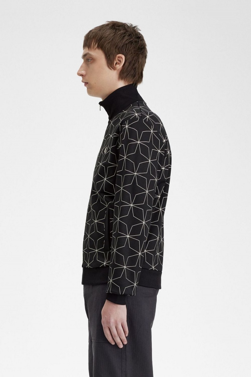 Fred Perry Geometric Print Men's Track Jackets Black | PQUJO2649