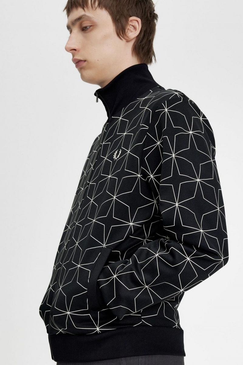 Fred Perry Geometric Print Men's Track Jackets Black | PQUJO2649