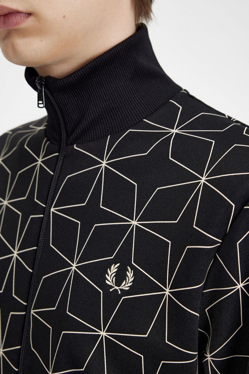 Fred Perry Geometric Print Men's Track Jackets Black | PQUJO2649