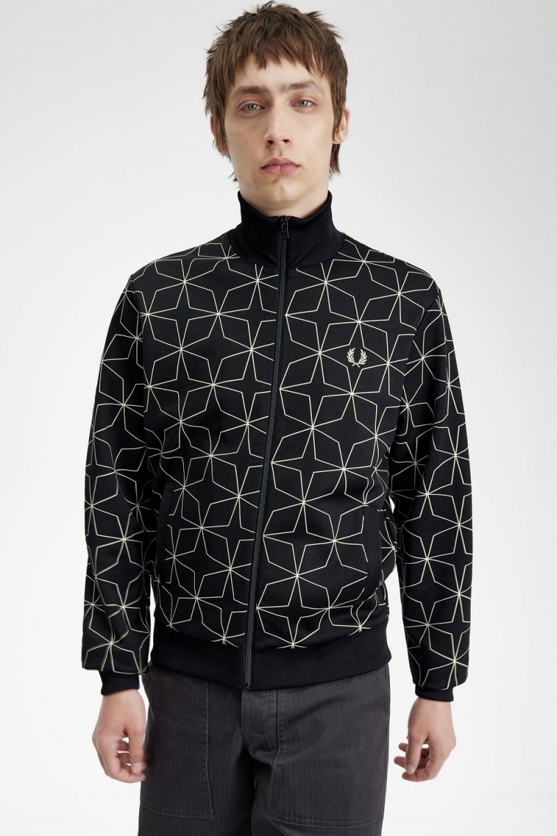 Fred Perry Geometric Print Men's Track Jackets Black | PQUJO2649