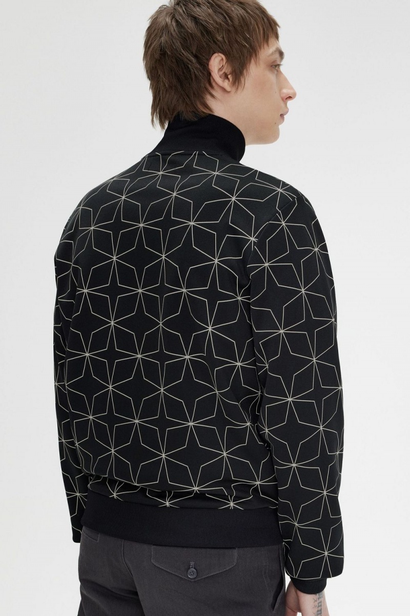 Fred Perry Geometric Print Men's Track Jackets Black | PQUJO2649