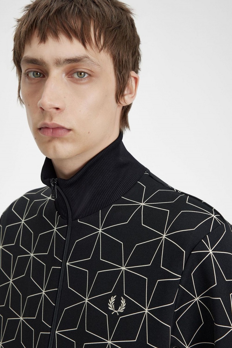 Fred Perry Geometric Print Men's Track Jackets Black | PQUJO2649