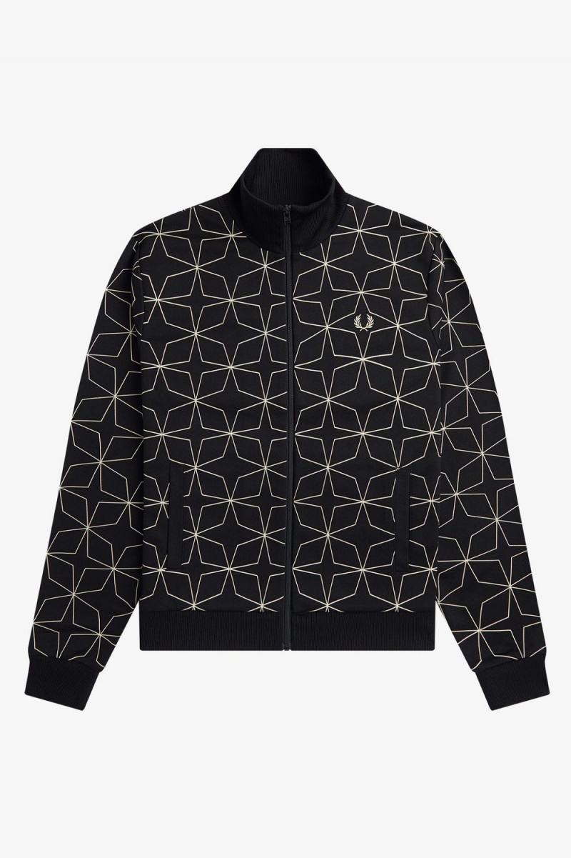 Fred Perry Geometric Print Men's Track Jackets Black | PQUJO2649