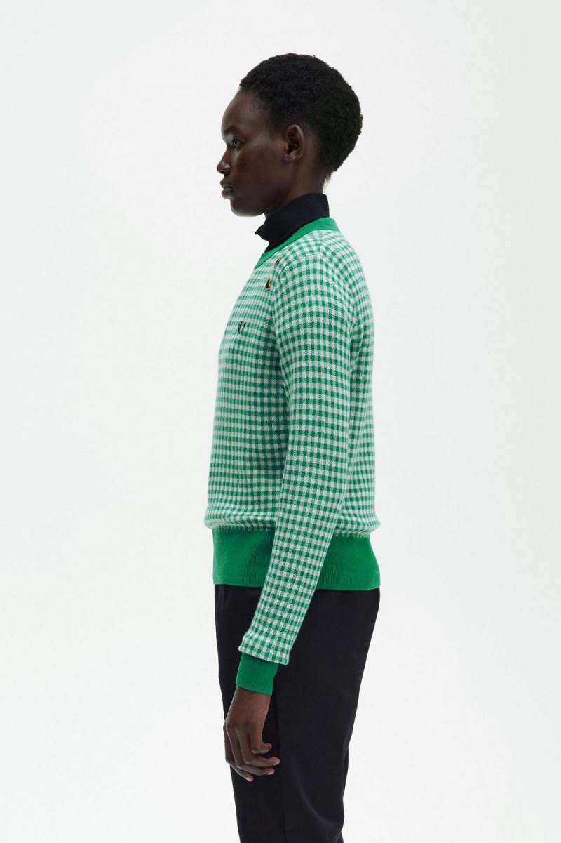 Fred Perry Gingham Women's Jumper Green | TBKZG5376