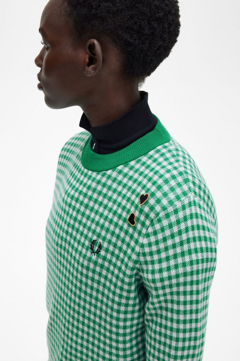 Fred Perry Gingham Women's Jumper Green | TBKZG5376