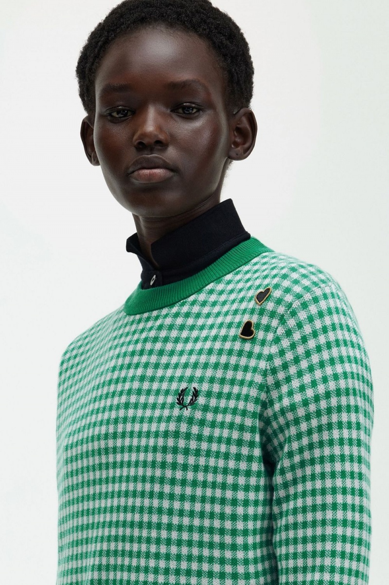 Fred Perry Gingham Women's Jumper Green | TBKZG5376